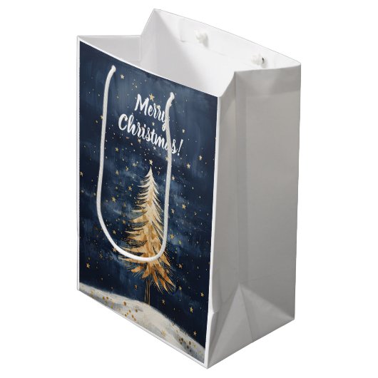 Frohe Weihnachten Golden Tree Mittlere Geschenktüte (Vorderseite Schrägansicht)