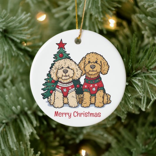 Frohe Weihnachten Goldendoodle Hunde Keramik Ornament (Baum)