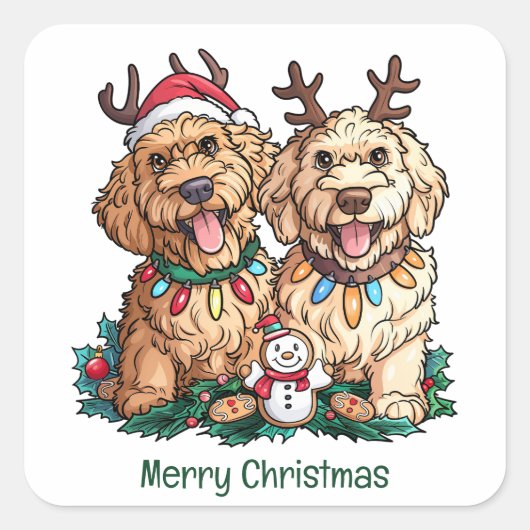 Frohe Weihnachten Goldendoodle Hunde Quadratischer Aufkleber (Vorderseite)