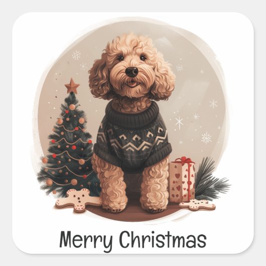 Frohe Weihnachten Goldendoodle Welpen Hunde Quadratischer Aufkleber (Vorderseite)