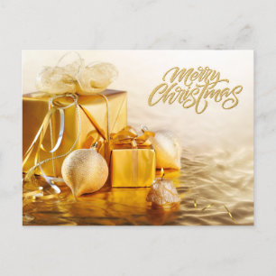 Frohe Weihnachten Goldene Ornamente und Geschenkbo