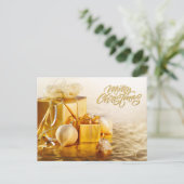 Frohe Weihnachten Goldene Ornamente und Geschenkbo (Stehend Vorderseite)