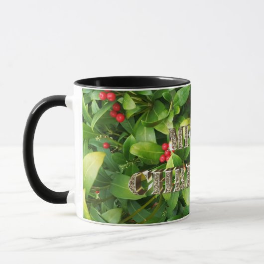 Frohe Weihnachten Goldene Typografie Skimmia Blora Tasse (Links)