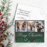 Frohe Weihnachten goldgrün 3 Foto Collage Paar Postkarte<br><div class="desc">Hintergrund von freepik.com,  elegante Weihnachtsgrün,  goldene Weihnachtsgrün,  drei Fotos Collage Pärchenkarte,  zweiseitige Karte,  auf der Rückseite Wünsche für einen Urlaub</div>
