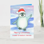 Frohe Weihnachten Grandson Baby Penguin Custom<br><div class="desc">Eine fröhliche Weihnachtsgrüßkarte für ein Kind mit einem süßen Pinguin in einem leuchtend roten Santa Cap tanzen auf dem eisigen Schnee illustriert mit Aquarell.</div>