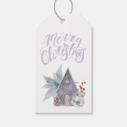 Frohe Weihnachten Gray Birdhouse Poinsettias Geschenkanhänger (Vorderseite)