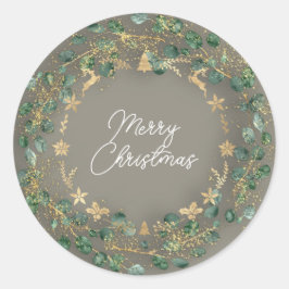 Frohe Weihnachten Gray Green Wreath Woodland Gold Runder Aufkleber