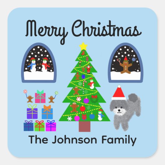 Frohe Weihnachten Gray Poodle Weihnachts #4 Sticke Quadratischer Aufkleber (Vorderseite)