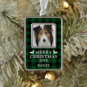 Frohe Weihnachten Green Buffalo Karo Hund Foto  Rahmen-Ornament Silber