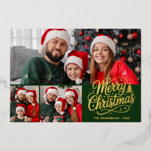 Frohe Weihnachten Green Script 3 Familienfoto Folien Feiertagskarte