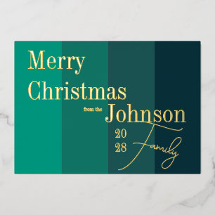 Frohe Weihnachten Green Stripe Familie Real Gold Folien Feiertagskarte