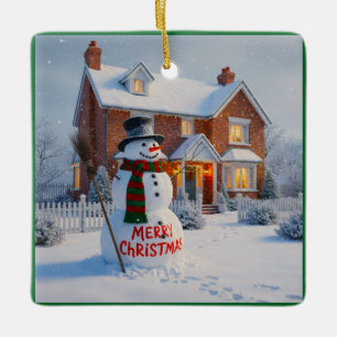 FROHE WEIHNACHTEN GROSSER SCHNEEMANN WINTERSZENE KERAMIKORNAMENT