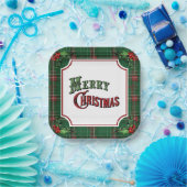 Frohe Weihnachten Grün Kariert mit Holly Pappteller (Party)