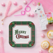 Frohe Weihnachten Grün Kariert mit Holly Pappteller (Party)