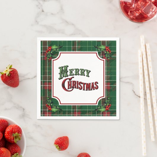 Frohe Weihnachten Grün Kariert mit Stechpalme Serviette (Beispiel)