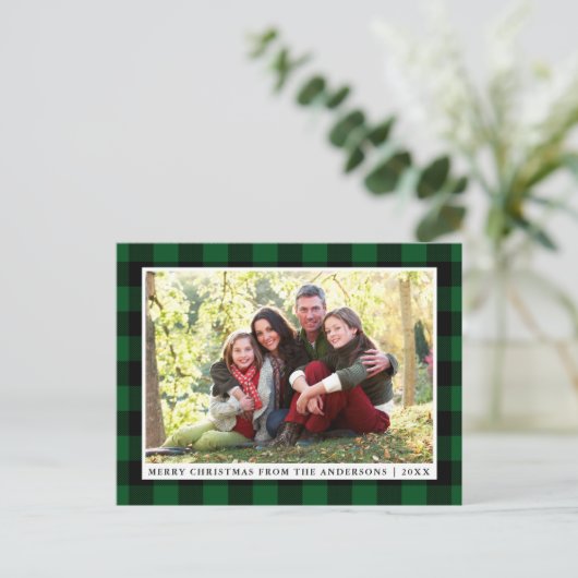 Frohe Weihnachten Grün Karierte Familie Foto Postkarte (Stehend Vorderseite)