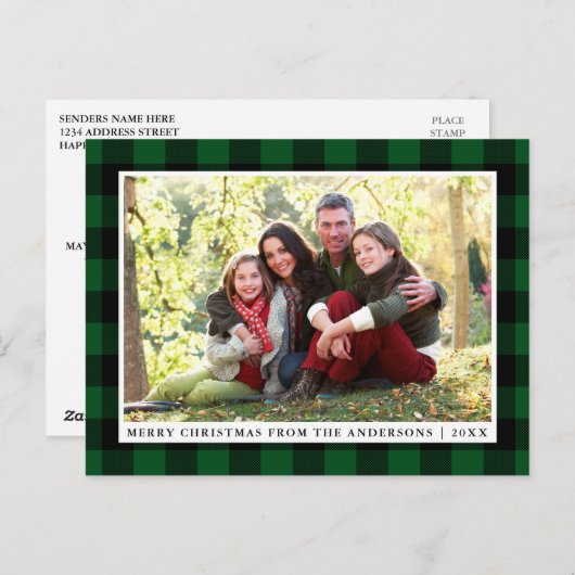 Frohe Weihnachten Grün Karierte Familie Foto Postkarte (Vorne/Hinten)