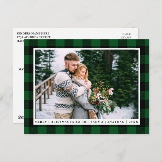 Frohe Weihnachten Grün Karierten Paar Foto Postkarte (Vorne/Hinten)