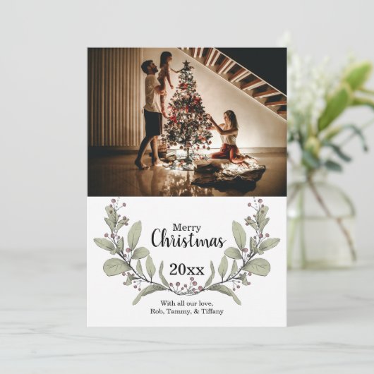 Frohe Weihnachten Grün Pink Mistletoe Wreath Foto (Stehend Vorderseite)