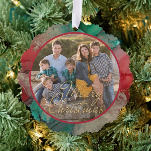 Frohe Weihnachten Grün Rot Foto Vorlage Ornament Karte (Insitu (Baum))