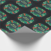 Frohe Weihnachten Grün & Rot Kranz auf Schwarz Geschenkpapier (Ecke)