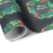 Frohe Weihnachten Grün & Rot Kranz auf Schwarz Geschenkpapier (Rolleneckpunkt)