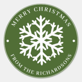 Frohe Weihnachten Grün Runde Weiße Schneeflocke Runder Aufkleber