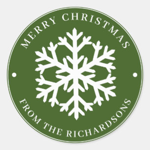 Frohe Weihnachten Grün Runde Weiße Schneeflocke Runder Aufkleber