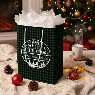 Frohe Weihnachten Grün & Schwarz Karierter Individ Mittlere Geschenktüte