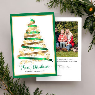 Frohe Weihnachten Grün und Goldenes Band Baum Foto