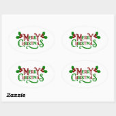 Frohe Weihnachten Grün und Rot Holly Graphic Ovaler Aufkleber (Blatt)