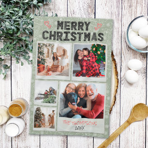 Frohe Weihnachten Grüne Doodles 5 Foto Familien-Ge Geschirrtuch