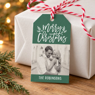 Frohe Weihnachten Grüne Foto Familienname Geschenkanhänger