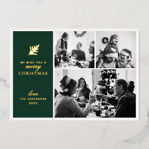 Frohe Weihnachten. Grüne Goldkollage mit mehreren Folien Feiertagskarte