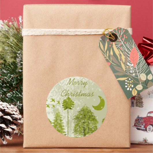 Frohe Weihnachten Grüne Pines Moon & Stars Runder Aufkleber (Feiertag)
