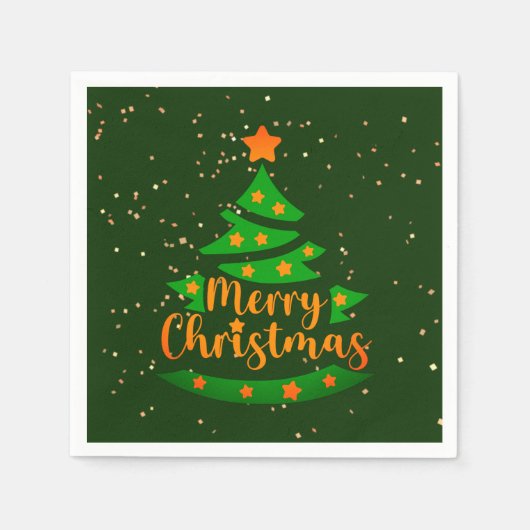 Frohe Weihnachten Grüne Tree Gold Orange Stars Serviette (Vorderseite)