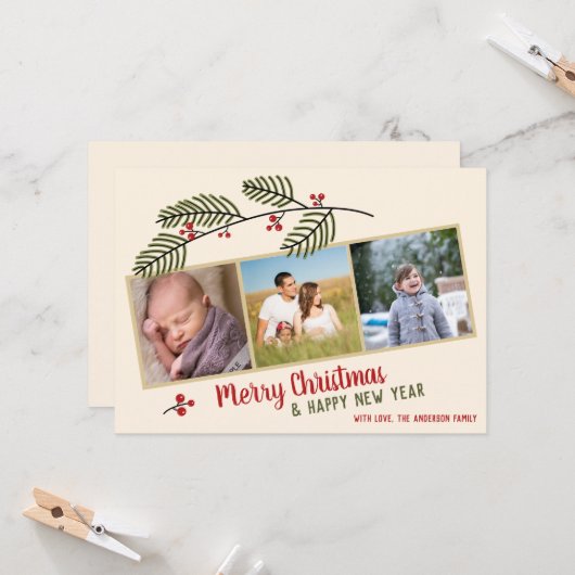 Frohe Weihnachten| Grüne und rote Berries 3 Foto Karte (Vorderseite/Rückseite Beispiel)
