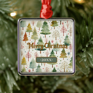 Frohe Weihnachten Grüne Wasserfarbe Tannen  Ornament Aus Metall