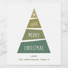 Frohe Weihnachten. Grüner geometrischer Urlaubbaum Weinetikett