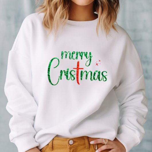 Frohe Weihnachten Grüner Glitzer Rotes Christliche Sweatshirt