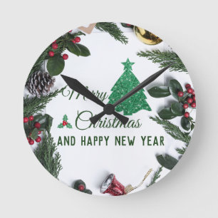 Frohe Weihnachten - grüner Glitzer Runde Wanduhr
