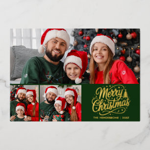 Frohe Weihnachten Grüner Schriftzug 3 Familienfoto Folien Feiertagskarte