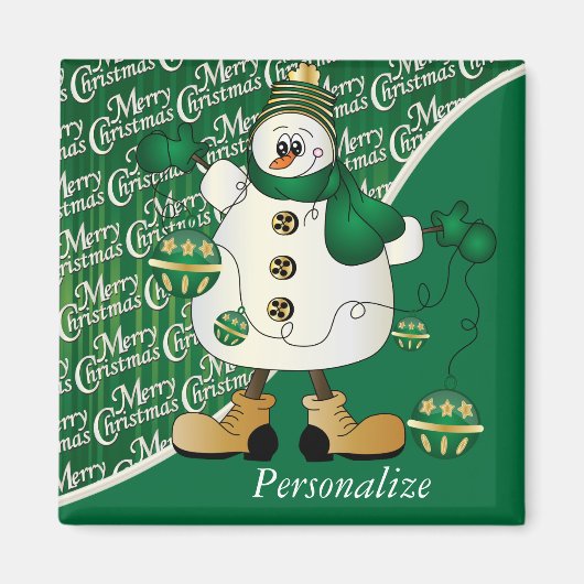 Frohe Weihnachten Grüner Snowman Magnet (Vorne)