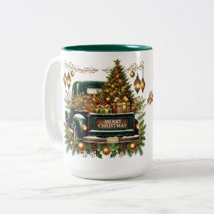 Frohe Weihnachten Grüner Vintage-LKW Zweifarbige Tasse