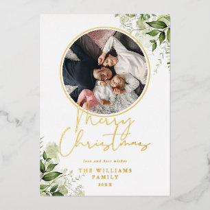 Frohe Weihnachten Grünpflanzen Goldener Ring Foto Folien Feiertagskarte