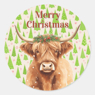 Frohe Weihnachten Grünzeug Highland Miniaturkuh Runder Aufkleber