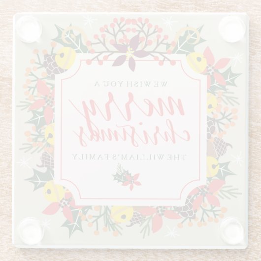 Frohe Weihnachten Hand Text & Kranz Glasuntersetzer (Rückseite)