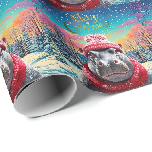 Frohe Weihnachten Hippo Weihnachtsmannmütze und Sc Geschenkpapier (Rolleneckpunkt)
