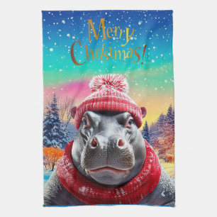 Frohe Weihnachten Hippo Weihnachtsmannmütze und Sc Geschirrtuch