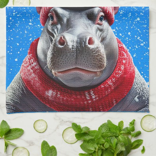 Frohe Weihnachten Hippo Weihnachtsmannmütze und Sc Geschirrtuch (Gefaltet)